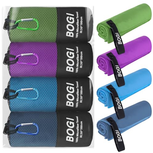 BOGI Confezione da 4 asciugamani da viaggio in microfibra, ad asciugatura rapida, morbidi e leggeri, super assorbenti e ultra compatti, per spiaggia, sport, nuoto, palestra, yoga, campeggio