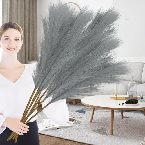 Duscdesp Hierba artificial de las pampas de 110 cm, 6 piezas, grandes, esponjosas, secadas, para jarrones de suelo, boda, sala de estar, dormitorio, decoración bohemia del hogar (gris)