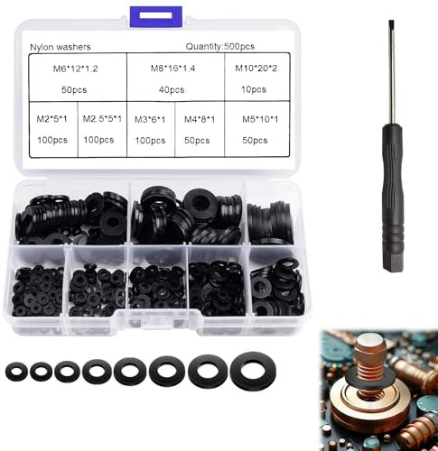 QEEROYO 500 Pièces Rondelles en Plastique Noir, Rondelles Nylon, M2 à M10, pour Machines, Appareils Electriques