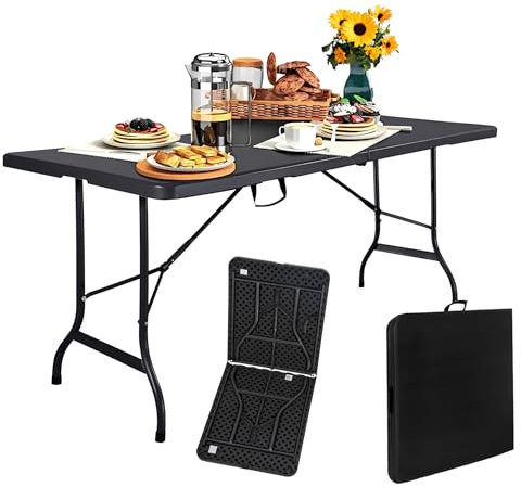 H&F Heimtextilien Klapptisch 180x74x74 cm – Faltbarer Buffettisch aus HDPE mit Tragegriff & Stahlgestell – Wetterfester Campingtisch für Garten, Party, Event, Indoor & Outdoor – Schwarz