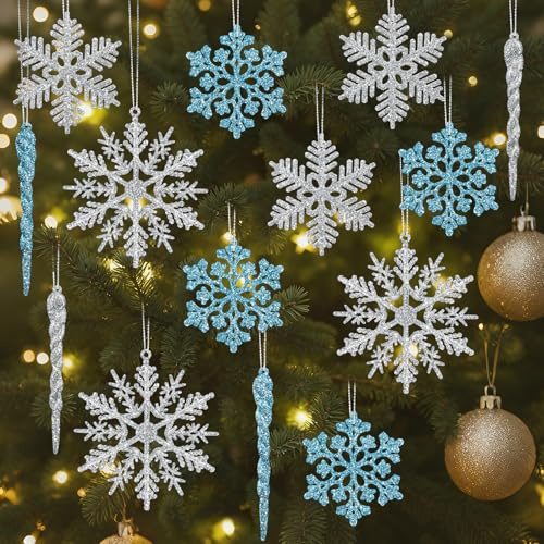Kiiwah 22 Piezas Árbol de Navidad Copos de Nieve Decoración de Carámbanos, Plástico Brillantina Copos de Nieve Colgantes y Carámbano de con Line para Navidad Invierno Fiesta Decoración