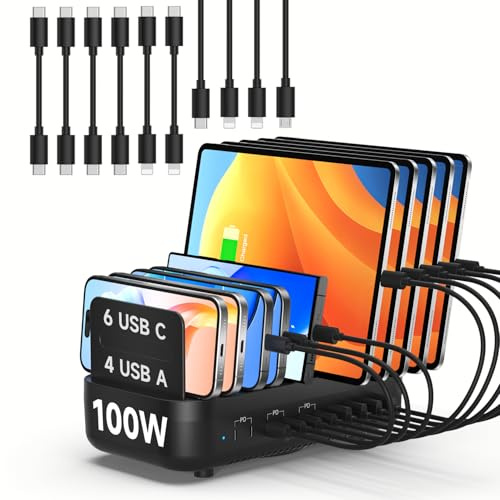 SooPii 100 W USB-laddningsstation med 10 portar, 6 USB-C och 4 USB-A-portar, PD snabbladdning kompatibel med iPhone, lPad, galaxy och Ther Electronics, 10 blandade laddningskablar ingår (svart)