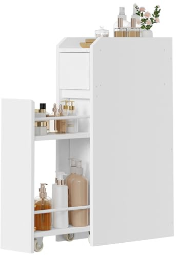 HOOBRO Schmaler Badezimmerschrank mit 2 Schubladen und Kippschutz, Badschrank, Aufbewahrungsschrank aus Spanplatten für Badezimmer, Waschküchen und kleine Räume, 18 x 40 x 70cm, Weiß EWW11BC01