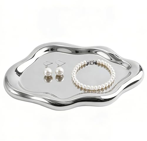 Vassoio per gioielli in ceramica, 19,5 × 13,5 cm, decorazione con nuvole, piatto per gioielli irregolare, vassoio in ceramica, per anelli, orecchini, orologi, compleanni e festival, colore argento