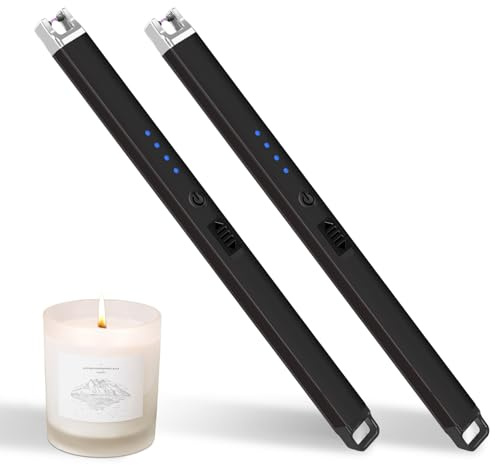 Candle Lighter Flameless, Rechargeable Electric Lighter for Camping, Party | 2PC Long Lighter, Windproof Lighter, Rechargeable Lighter with Cable & Battery Indicator for BBQ, Grill, Fireplace, Stove