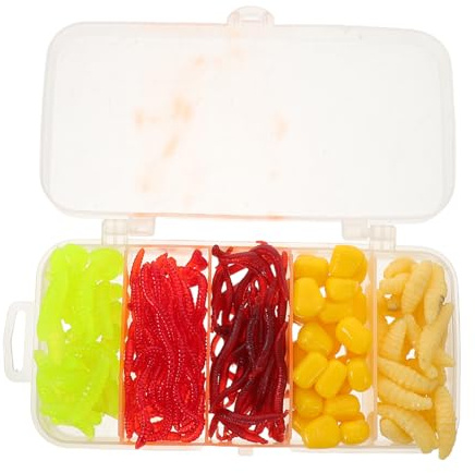 SMASOLO Lot de 160 Set de Leurres Souples en Silicone de Ver et Maïs, Appâts Artificiels pour Pêche la Perche, Truite et Carpe, Usage Eau Douce et Eau Salée, Ensemble Complet pour Pêche