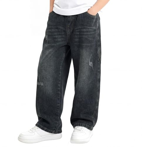 FILOWA Jeans Garçon Baggy Pantalon Denim avec Taille Élastique, 5-14 Ans | Droit Long Jeans, Enfants Loose Fit Bleu Pant, Casual Décontracté Denims, Stretch Mode Streetwear pour Ado