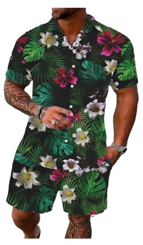 Hawaiiansk kostym för män, Hawaiiansk strandskjorta för män, sommarshorts i två delar, fritidskläder för, festmode topp, Färg 14, M