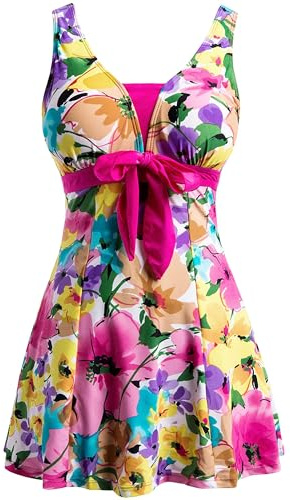 Wantdo Costume da Bagno Intero da Donna Plus Size con Stampa Floreale Costume da Bagno Sottile Gonna Copricostume per Mare e Spiaggia Fucsia 50-52