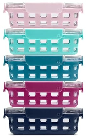 Ello Duraglass Glass Food Storage Meal Prep Containers - Glass Food Storage Meal Prep Bowls with Silicone Sleeve and Airtight Lids, 10 piece 5 pack, Evening Orchard