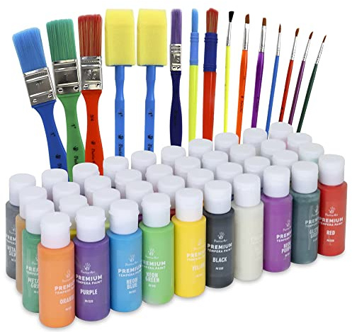 Kids Tempera Paint Set | Value Pack Includes 40 Washable Non-Toxic Colorful Paints (2oz bottles) & 15 Brushes | Metallic, Neon, Glow In The Dark, Glitter Paints | Paint For Arts & Crafts, Fun Projects