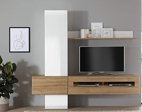 Beauty.Scouts Wohnkombination Roana VIII weiß/Grandson Oak hell Dekor 210x200x38-48cm Wohnzimmermöbel Wohnzimmerschrank Schrankwand TV-Schrank Fernsehschrank