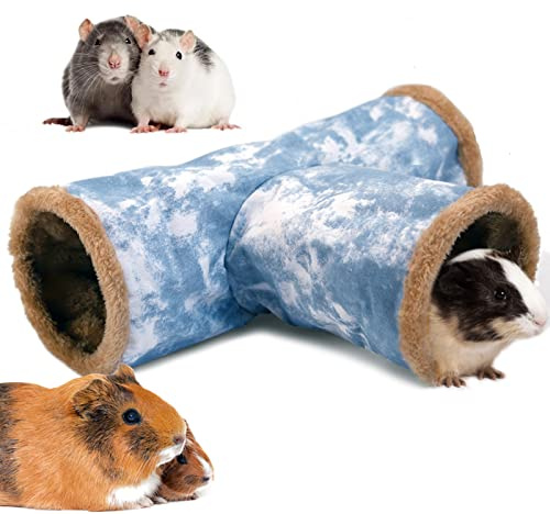 LeerKing 3 Way Guinea Pig Tunnel Canvas Rabbit Tunnels and Hides Rat Tube Hideout Sleep Collapsible Toy Accessories for Ferrets Squirrel Hedgehog Chinchillas Blue M