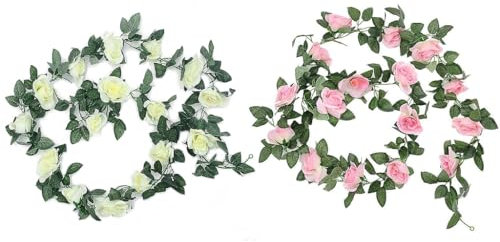 Kellegour Künstliche Blumengirlande Rosen Rebe,Kunstblumen Girlande,2 Stück Hochzeitsgirlande Haustür,Kunstblumen Seidenblumen Blumen Rose,für Hochzeit, Party, Haus, Garten Dekoration (Weiß/Rosa)