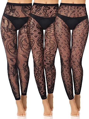 Jadive 3 Pcs Women Fishnet Tights Black High Waisted Net Footless Leggings Fish Net Tights Goth Stockings No Toes Pantyhose(Novel Style)