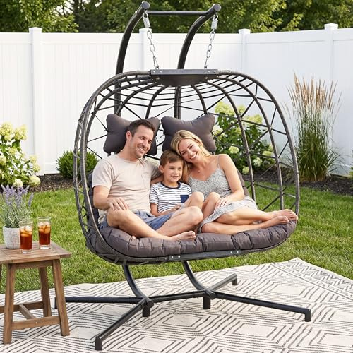 RADIATA 2 Person Hanging Egg Chair with Stand, Extra Large Cozy Outdoor Double Swing Chairs, Oversized Hammock Chair, 700Lbs Indoor Patio Wicker Loveseat with Cushion for Backyard Balcony, Dark Gray