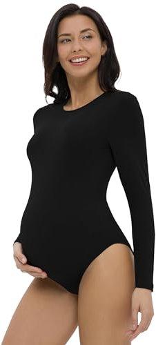 Gowjog Body Schwangerschaft Umstandsbody Langarm Rundhalsausschnitt Ärmeln Jumpsuit Strampler Umstandskleid Schwangerschafts Kleidung Body Umstandsmode (Schwarz,S)