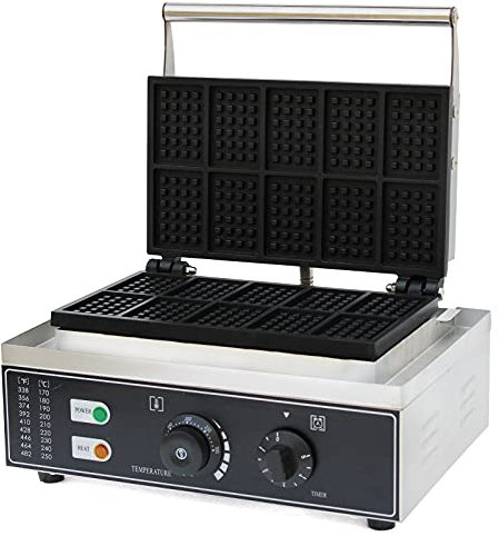 Gofrera belga máquina 1500 W 50 ~ 300 ℃ doble gofres comerciales para 10 gofres, antiadherente, calor rápido y estable