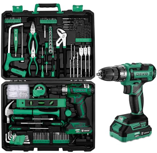 DEKO 20V Power Drill Tool Box with Battery Electric Drill Driver for Men Home Hand Repair Basic Toolbox Tools Set, 186 Pieces (Green)
