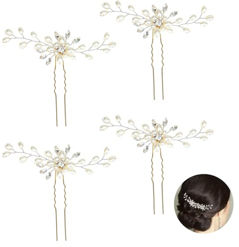 Bloomique 4PCS French Style Pearl & Rhinestone Flower Bridal Hair Clips - Women's & Girls' Wedding & Formal Hair Accessories - Small Size - 4 Count