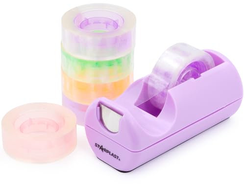 Starplast Pack dispensador de cinta + 6 celos pastel de cinta transparente, base antideslizante, gran peso, 11x5x5 cm, para oficina, escolar, hogar - LILA