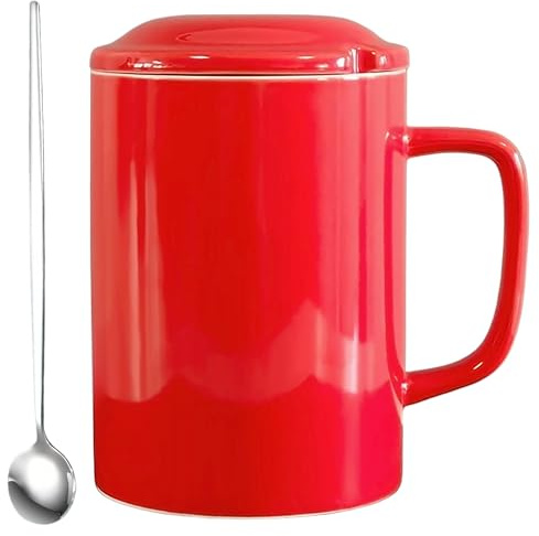 NIUKOMY Tazza Jumbo Grande 1000ML, Tazze Gigante, Tazza da Caffè Extra Large in Ceramica con Coperchio e Cucchiaio per Ufficio e Casa, Rosso