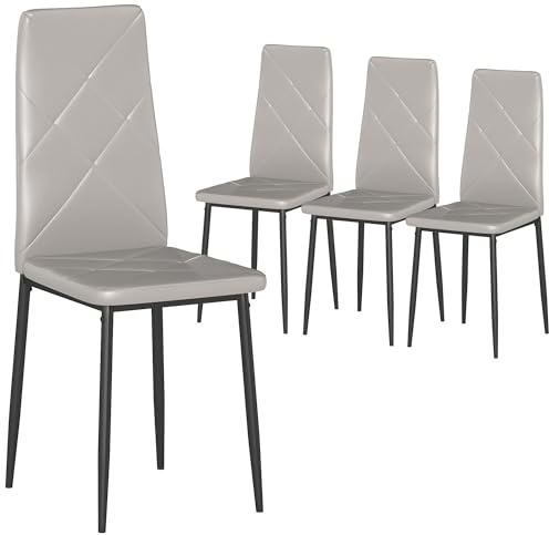 HOMCOM Pack de 4 Sillas de Comedor, Sillas de Cocina Modernas, Tapizadas de Cuero Sintética, Respaldo Alto, Asiento Acolchado, Patas de Acero, Gris