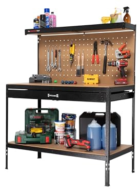 The Workplace Depot Workshop Tool Bench – Heavy-Duty Steel Frame & MDF Worktop, 230 kg Load Capacity, Roll-Out Drawer, Pegboard with Hooks & Shelves – Garage, Workshop & Industrial Use