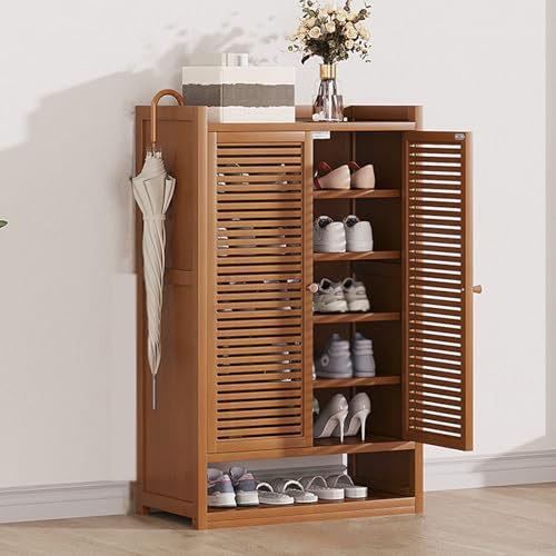 Zapatero de nogal, puertas con persianas, persianas para armarios, zapateros de bambú, zapatero independiente para pasillo y sala de estar (blanco, 86 cm de largo x 32 cm de ancho x 94 cm de alto