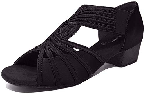 Low Heel Women Ballroom Dance Shoes Salsa Batchata Social Beginner Practice Wedding Dancing 1.5'' Heels YT04(8, Black)