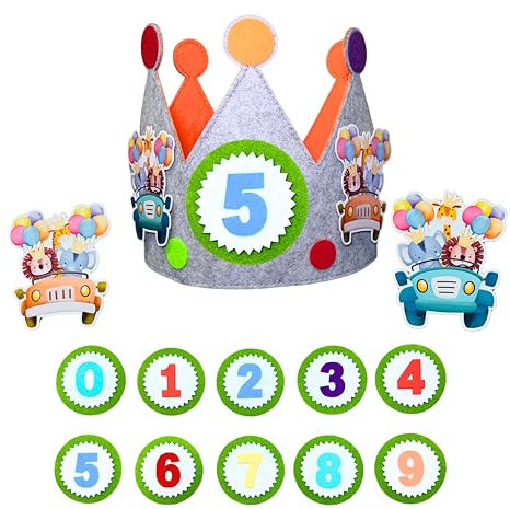 MAXI NONA MAXINONA.COM Geburtstagskrone aus Filz mit 2 Dschungeltieren – Krone mit austauschbaren Zahlen 0-9, Klettverschluss – Perfekt für Jungen & Mädchen von 1 bis 9 Jahren