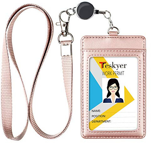 Teskyer Ausweishülle mit Band, Ausweishalter Ausziehbar, Kartenhülle mit Schlüsselband Ausziehbar, aus PU-Leder, Hält 2 Karten, mit Transparentem Fenster, Roségold