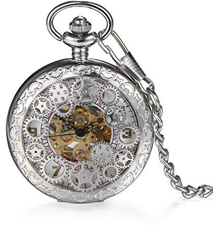 LANCARDO Damen Herren Taschenuhr Retro Zahnrad Ritzel Mechanische Kettenuhr Skelett Uhr Steampunk Automatik mechanisch Pocket Watch Bronze mit Halskette Pullover Kette (Silber)