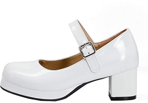 Birdsight Chunky Mary Jane Escarpins Femme Talon Bloc Plateforme avec Boucle Cuir Verni Sweet(Blanc 38)
