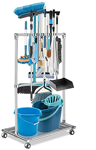 Broom Holder Organizer Movable Closet Storage Cabinet Mop Rack Floor Standing Cleaning Supplies Tool Cart For Garden Garage Schools Hotels Hospitals Factories Property Companies Restaurant (10 Racks)
