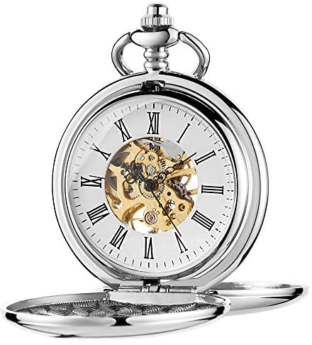 Whodoit Mens Silver Double Open Pocket Watch Hunter Mechanical Pocket Watches Engraved Roman Numeral Dial Mechanical Pocket Watch for Men