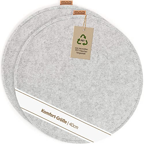 Miqio Design Filz Sitzkissen XL Rund mit Antirutschnoppen | 40cm | 2er-Set | Indoor und Outdoor | Nachhaltig aus recycelten PET Flaschen | Waschbare Stuhlkissen rutschfest | Hellgrau