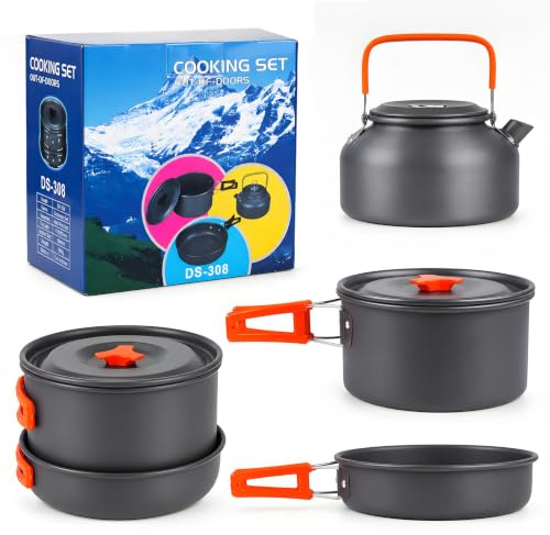 aiGear Camping Cooking Set/Cooking Mess Kit | Outdoor Camping Essentials - Pot Pan and Kettle | Portable Lightweight Aluminum | for 2-3 People to Backpacking Hiking Trekking Picnic (CC01OR05)