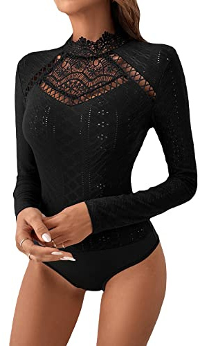 OYOANGLE Women's Elegant Lace Long Sleeve Mock Neck Embroidery Slim Fit Bodysuit Tee Tops Black S