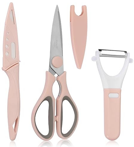 ALXBSONE 3Pièce Ciseaux de Cuisine en Acier Inoxydable Professionnel Multiusage-avec Décapsuleur et Poignée Antidérapante pour Viande(Rose)