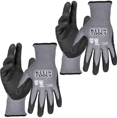 Klein Tools 60590 Work Gloves, Knit Dipped Cut Resistant ANSI A4 Nitrile Coated Gloves, HPPE Fabric, Touchscreen Capable, X-Large, 2-Pair