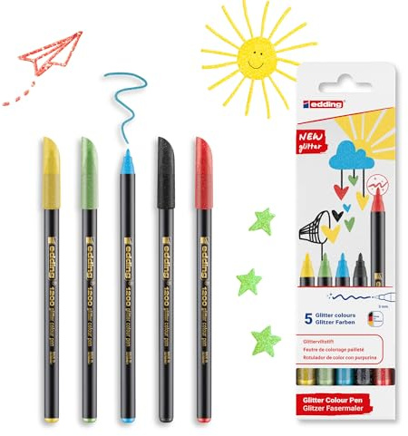 edding 1200 glitterpennor – flerfärgade – 5 fiberpenna med intensiv glittereffekt – rund spets 3 mm – för att skriva ut, skissa och måla