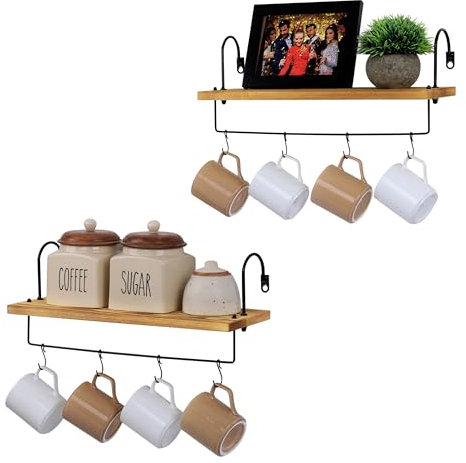 BELLE VOUS Set Estanteria de Pared - 2X Repisas de Madera para Cocina o Baño - Estanterias Decorativas con Riel y Ganchos - Estantería para Colgar Tazas Utensilios y Accesorios