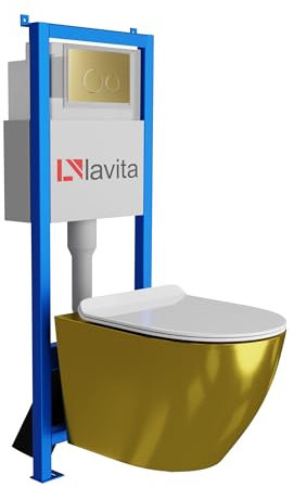 lavita Lavita LAV 101 elemento de pared para inodoro 40 cm + inodoro lavabo suspendido SOFI SLIM GOLD/WHITE sin borde + panel de control LAV 200.4.5 oro | Conjunto completo | Cisterna empotrada | Jue