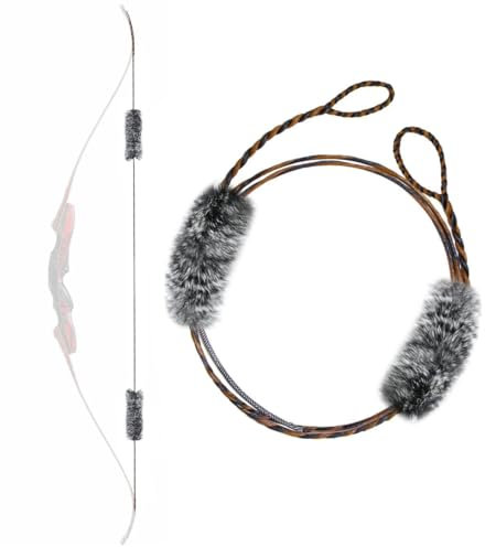 Tachyon ARCHERY Bogensehne mit Sehnendämpfern für traditionelle Recurve-Bögen. Handgefertigte flämisch gespleisste D97 Bogensehne mit Zwei Kaninchenfell-Sehnendämpfern, 16 Strang, Länge 56-68 Zoll