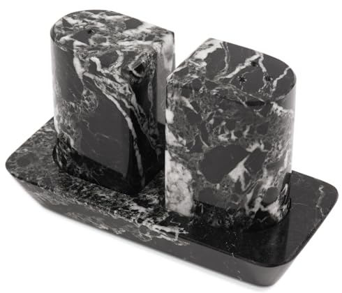 Radicaln Saleros y pimenteros de mármol de 2.5 pulgadas, color negro, hechos a mano, juego de especias de piedra para mesa de cocina, soporte de sal rosa Saleros, decoración de cocina de granja