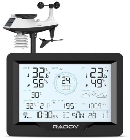 Raddy MN6 Lite Weather Station with Outdoor Sensor, 5-in-1 Indoor Outdoor Thermometer, Temperature Humidity Barometric Pressure Monitor with DCF Atomic Clock, Weather Forecast, Wind Speed, Rainfall