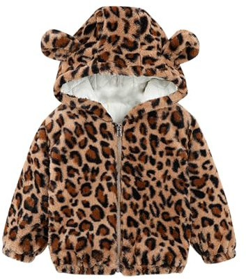 XINYUNZU Fleecejacke Kinder Baumwolle Fleece Jacke mit Leopardenmuster Mode Kapuzenjacke Warm Boys Coat Kuscheljacke Jacken für Jungen Braun 140