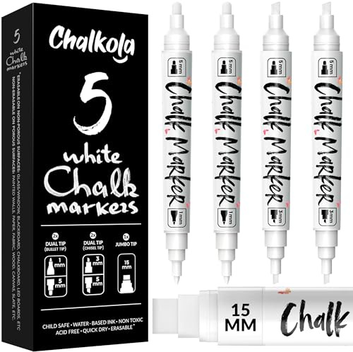 Chalkola 5 White Chalk Markers (1mm, 3mm, 5mm, 15mm) - Dry Erase Markers