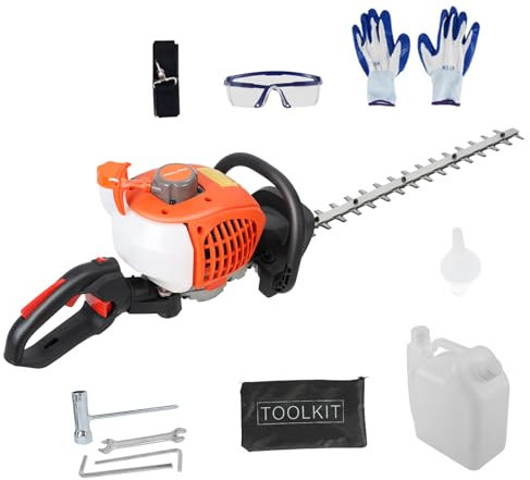 26CC Petrol Powered Hedge Trimmer, 2 Stroke Petrol Hedge Trimmer, Petrol Hedge Cutter for Trimming Garden Hedges and Bushes, 70cm 24inch Dual Action Blades, 750W, 7500RPM